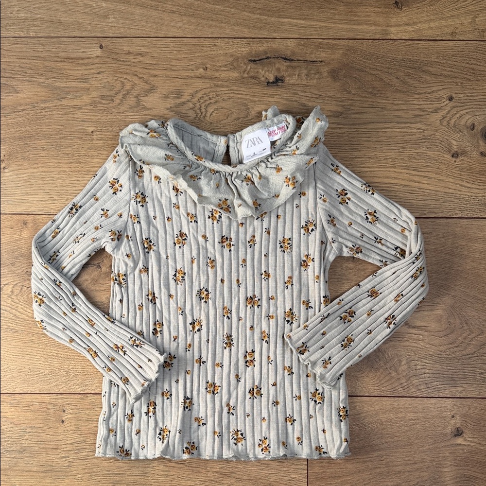 Zara Kids 3Y Floral Ribbed Long Sleeve Ruffle Collar Top